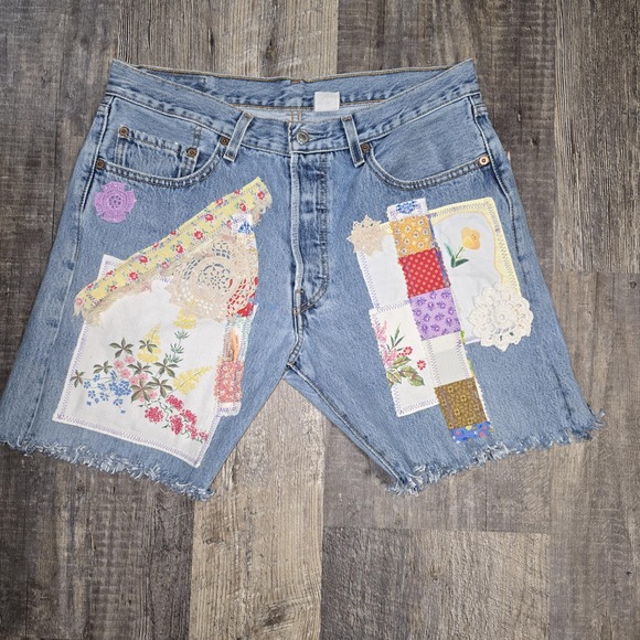Pants - Upcycled Levis 501 shorts quilt lace doilies, embroidery‎ vintage tablecloth  34